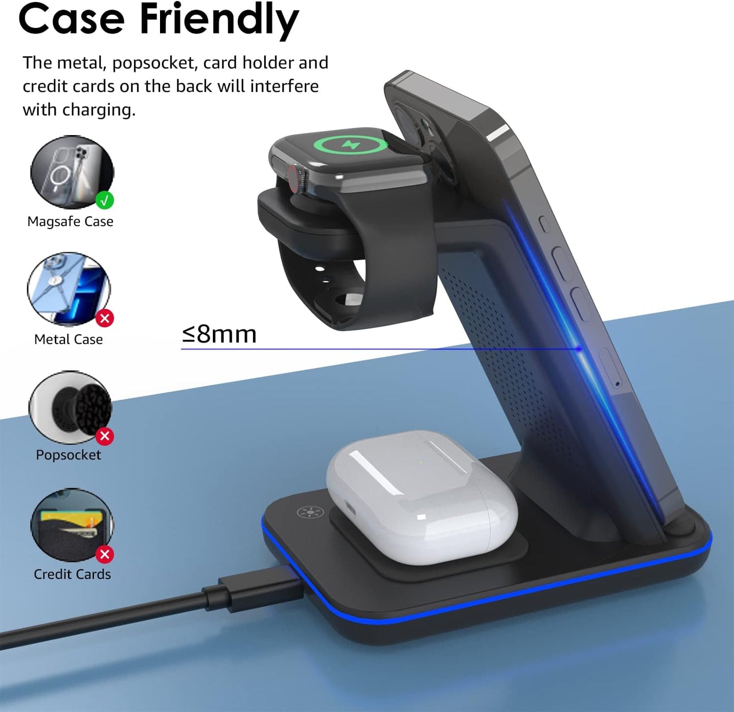 Wireless Charger 3 in 1, 20W Fast Charging Station for Iwatch2-11/Se/Se2/Se3,Airpods 1-4/Pro3/Pro,Compatible with Iphone17 16 15 14 13 12 11 X 8 Series/Samsung Galaxy (Not for Samsung Watches)