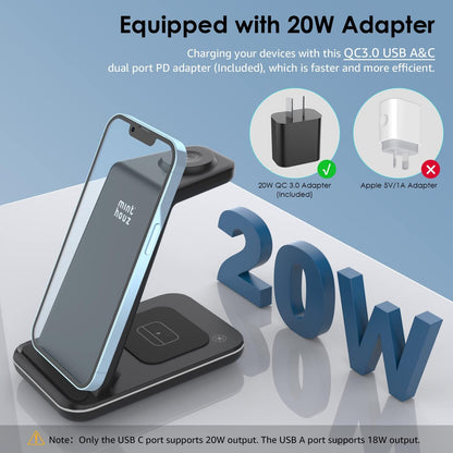 Wireless Charger 3 in 1, 20W Fast Charging Station for Iwatch2-11/Se/Se2/Se3,Airpods 1-4/Pro3/Pro,Compatible with Iphone17 16 15 14 13 12 11 X 8 Series/Samsung Galaxy (Not for Samsung Watches)