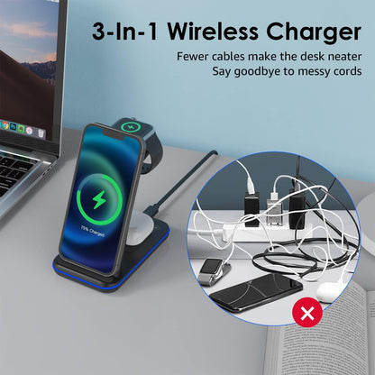 Wireless Charger 3 in 1, 20W Fast Charging Station for Iwatch2-11/Se/Se2/Se3,Airpods 1-4/Pro3/Pro,Compatible with Iphone17 16 15 14 13 12 11 X 8 Series/Samsung Galaxy (Not for Samsung Watches)