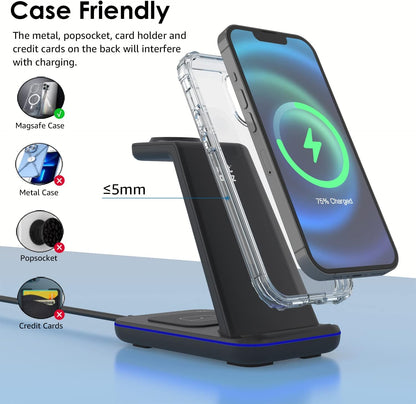 Wireless Charger 3 in 1, 20W Fast Charging Station for Iwatch2-11/Se/Se2/Se3,Airpods 1-4/Pro3/Pro,Compatible with Iphone17 16 15 14 13 12 11 X 8 Series/Samsung Galaxy (Not for Samsung Watches)