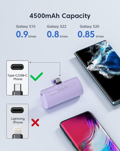 Portable Charger 4500Mah USB C Power Bank, Mini Powerbank Battery Bank Compatible with Iphone 16/15 Samsung - Purple